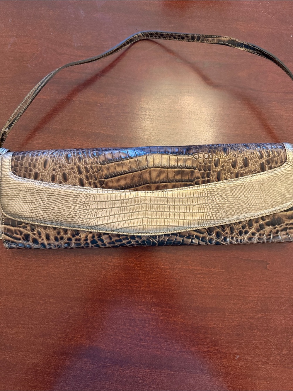 Brahmin Croc-Embossed Leather Clutch in Brown and Beige